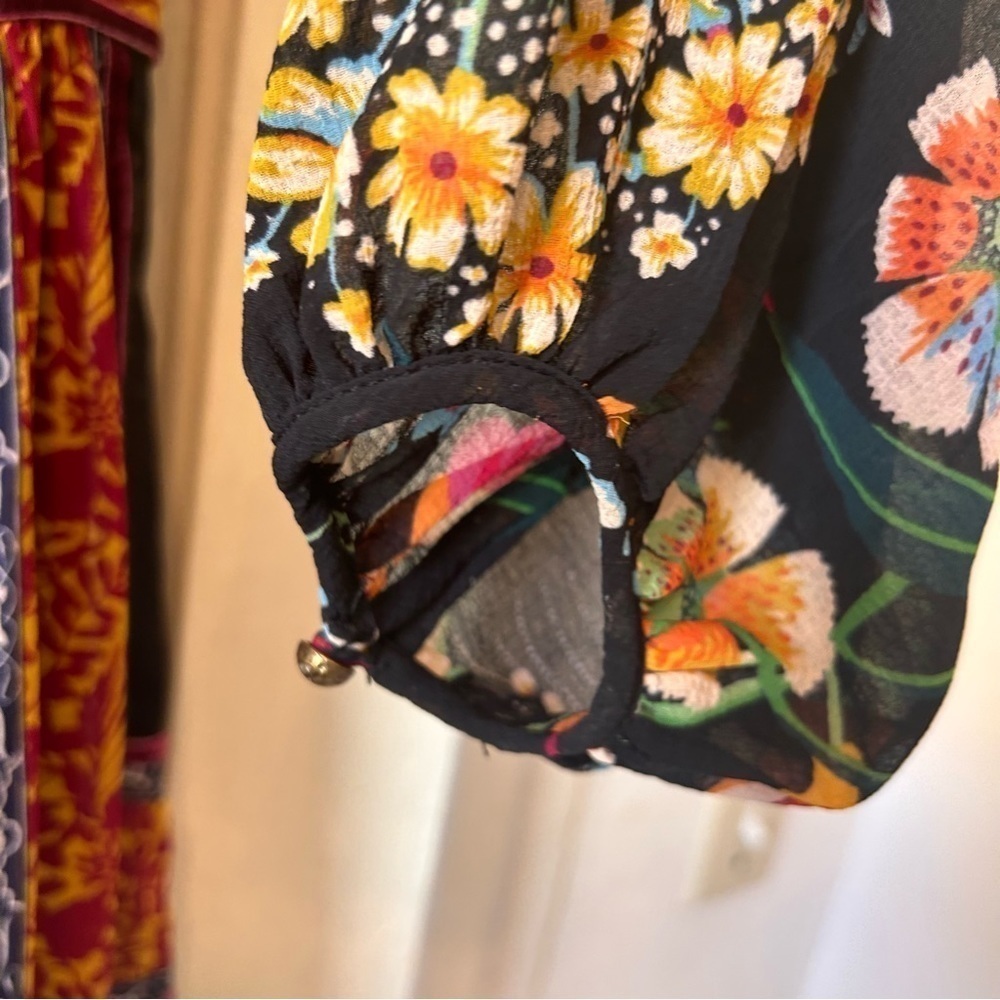 NEW Anthropologie Black Motif Boho Floral Velvet Trim Midi Dress Sz OUS Lined - Picture 4 of 14